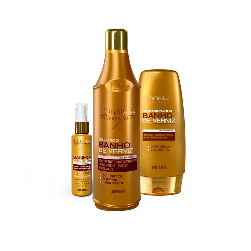 Kit Banho de Verniz Forever Liss Shampoo 500ml, Cond. e Oleo