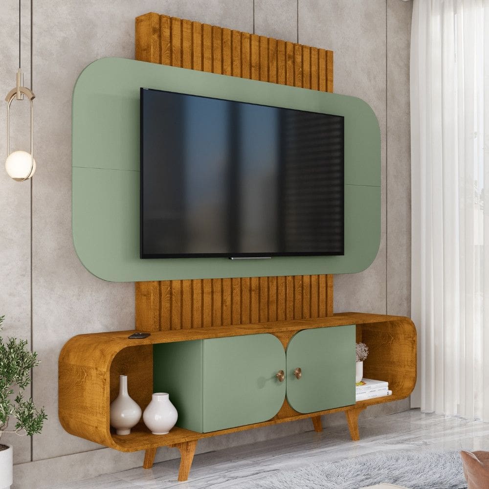 Estante Home Ripado para TV Até 75 Polegadas 2 Portas com Pés de Madeira Maciça Embaú Bechara