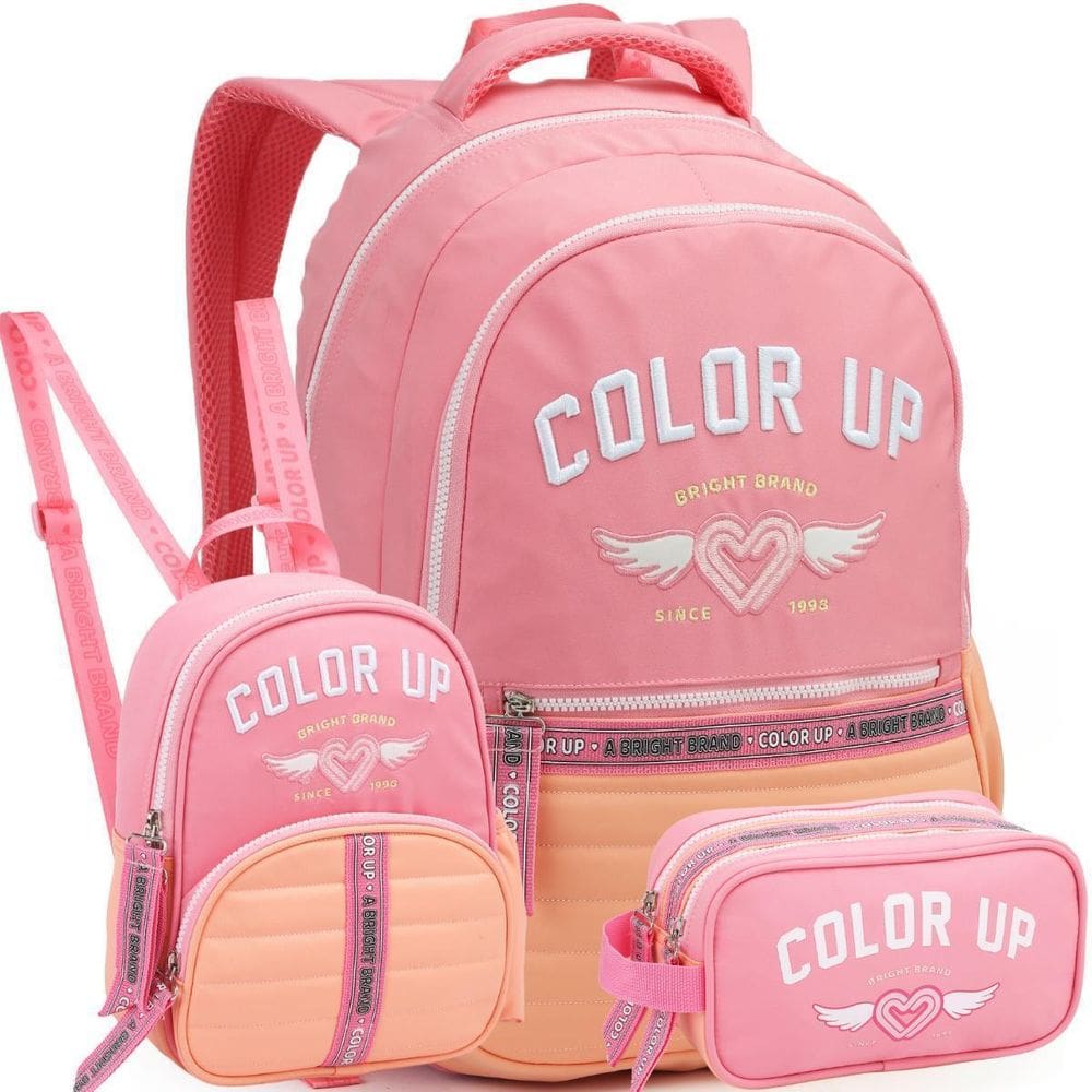 Kit Mochila De Costas 18 Color Up Lancheira Estojo Rosa