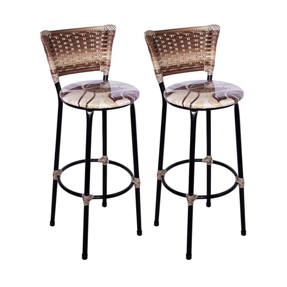 Kit 2 Banquetas Altas Preta com Encosto Junco Capuccino Assento Floral Marrom