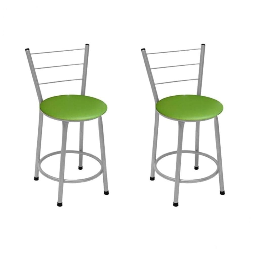 Kit 2 Banquetas Baixas Prata com Encosto Assento Verde