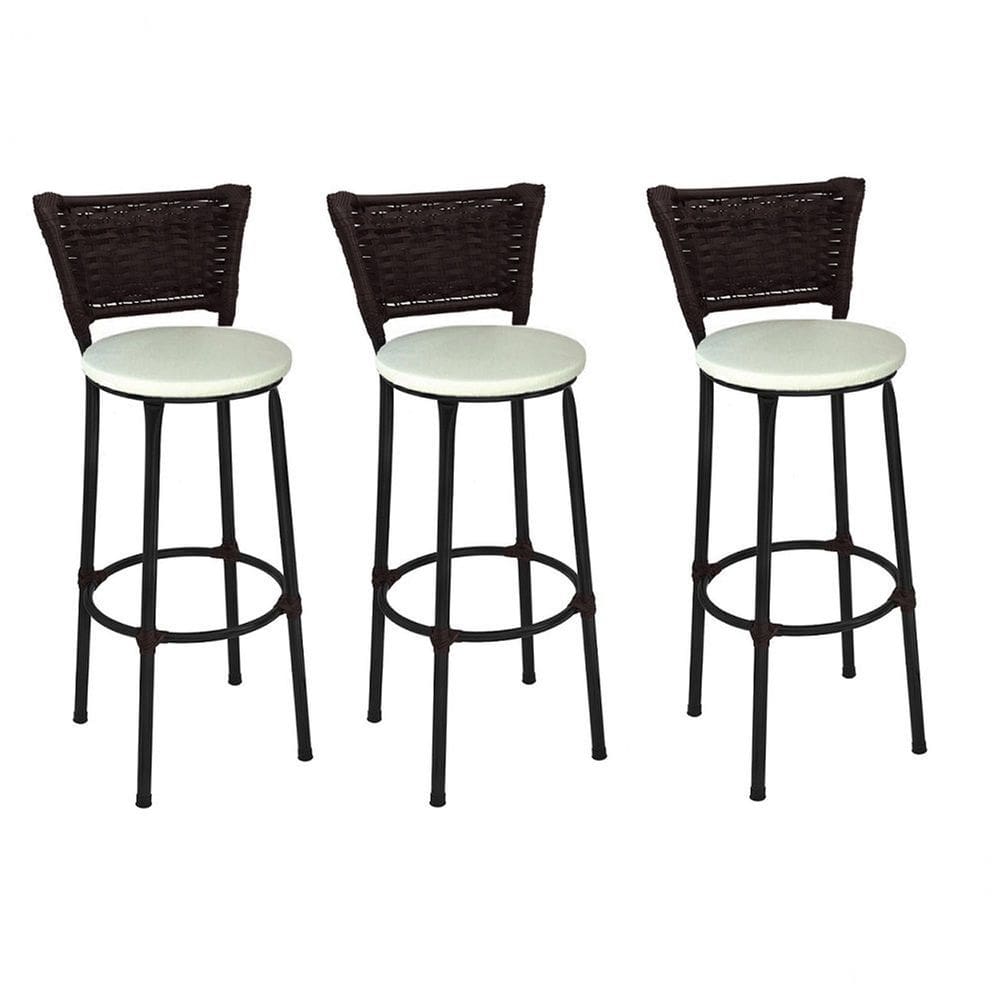 Kit 3 Banquetas Altas Preta com Encosto Junco Argila Assento Branco