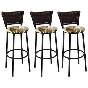 Kit 3 Banquetas Altas Preta com Encosto Junco Argila Assento Floral Marrom