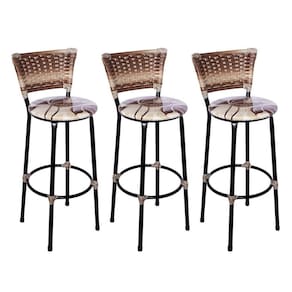 Kit 3 Banquetas Altas Preta com Encosto Junco Capuccino Assento Floral Marrom