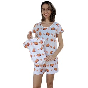 Pijama Adulto e Body de Bebê Estampa Capivara Kit Mãe e Filho