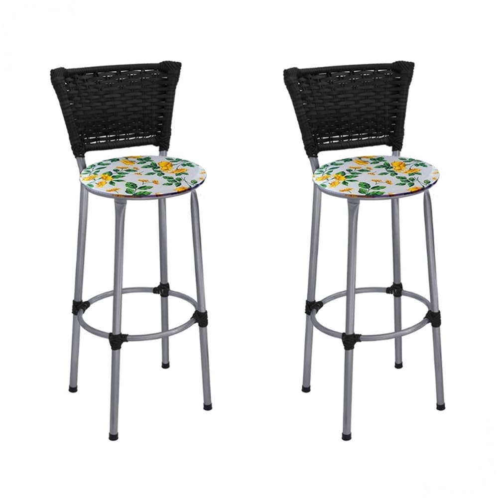 Kit 2 Banquetas Altas Prata com Encosto Junco Preto Assento Floral Branco