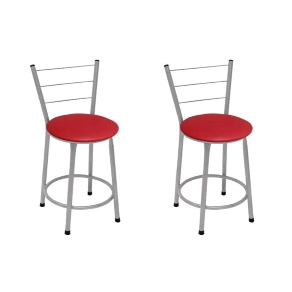 Kit 2 Banquetas Baixas Prata com Encosto Assento Vermelho