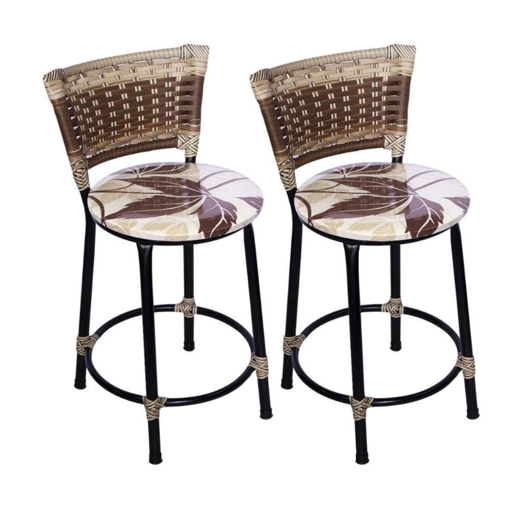 Kit 2 Banquetas Baixas Preta com Encosto Junco Capuccino Assento Floral Marrom