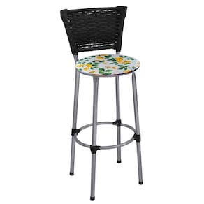 Banqueta Média Prata com Encosto Junco Preto Assento Floral Branco