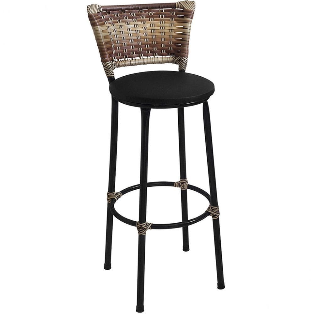 Banqueta Média Preta com Encosto Junco Capuccino Assento Preto