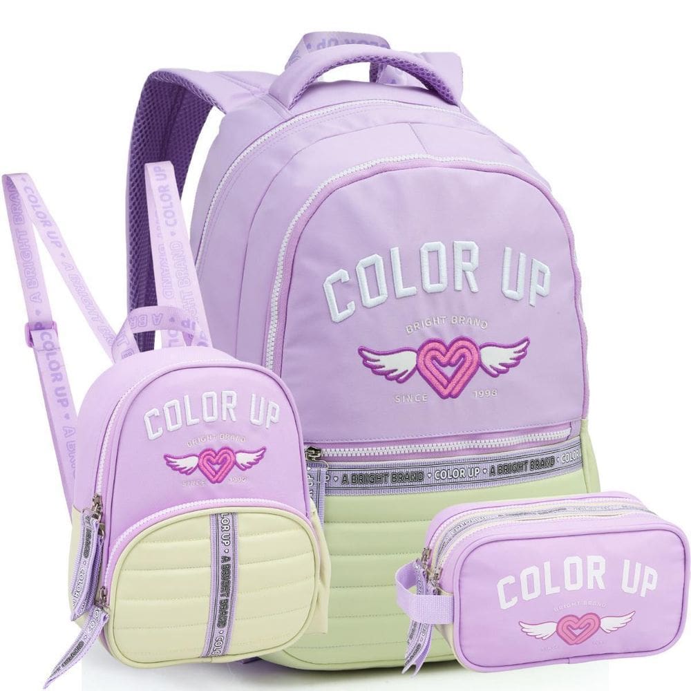 Kit Mochila De Costas 18 Color Up Lancheira Estojo Lilás