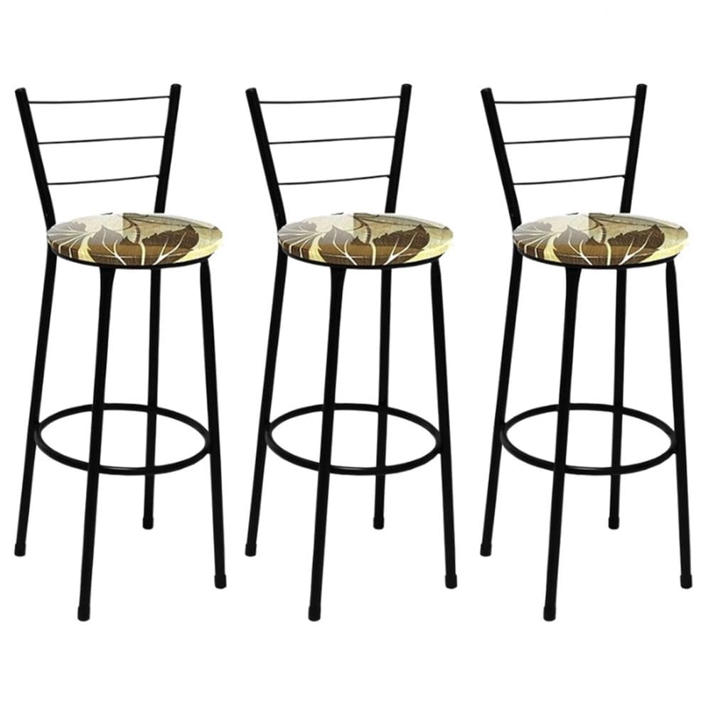 Kit 3 Banquetas Médias Preta com Encosto Assento Floral Marrom