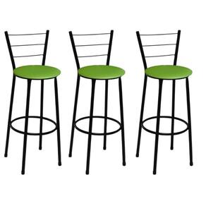 Kit 3 Banquetas Médias Preta com Encosto Assento Verde