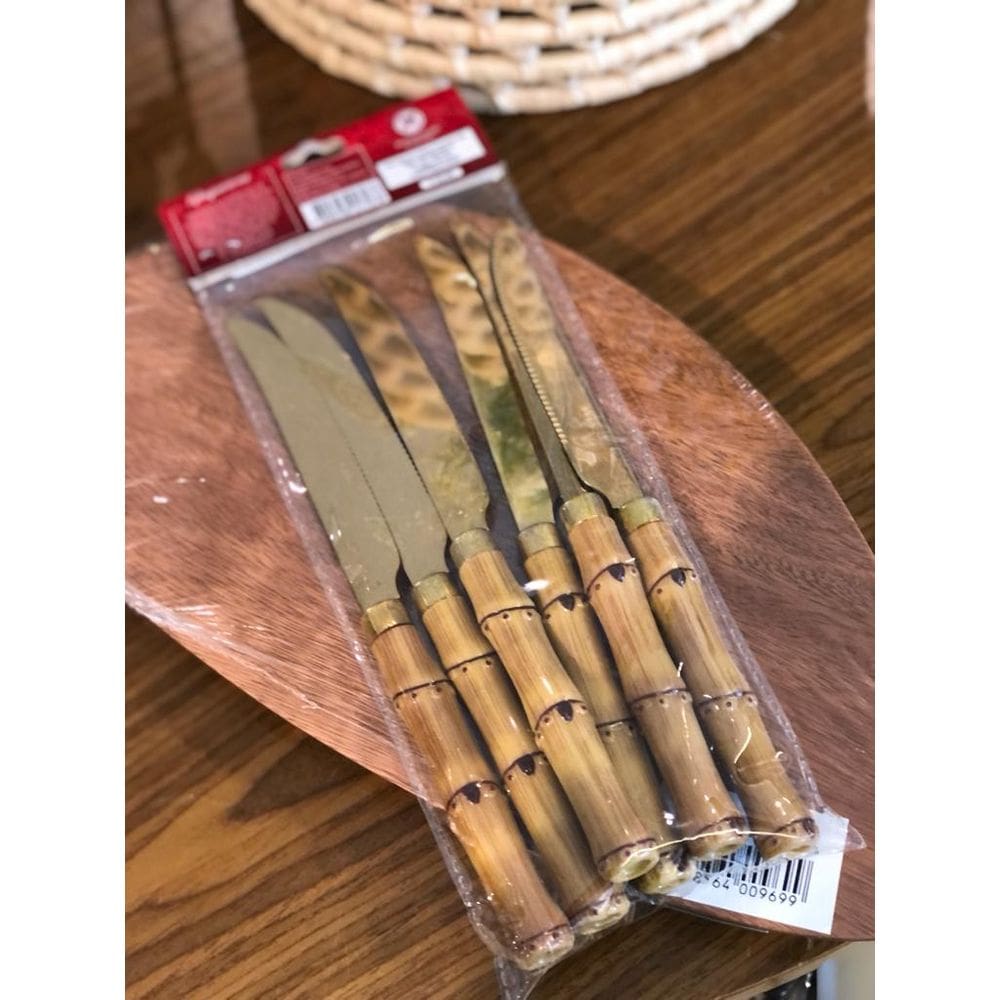 Cj 6 Facas Aço Inox P/Churrasco Cabo Plástico Bambu Dourado