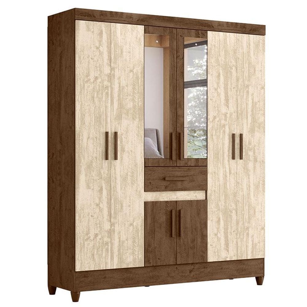 Guarda Roupa Casal Portugal 8 Portas Castanho Wood Avelã Wood com Espelho - Moval