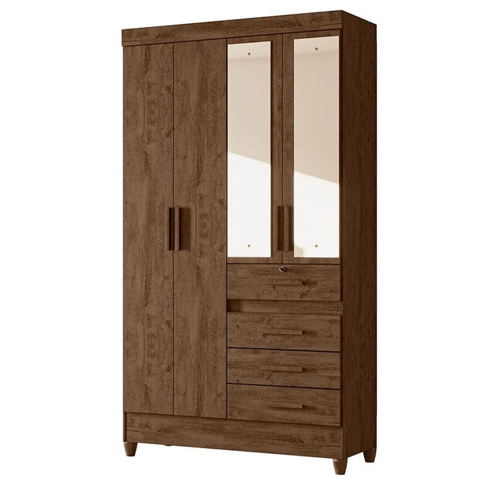 Guarda Roupa Solteiro Sobral 4 Portas Castanho Wood com Espelho - Moval