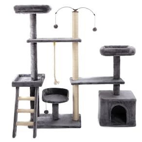Arranhador de gato grande, luxuoso, ajustável, multifuncional com casa, camas, poleiros, escada e brinquedo giratório