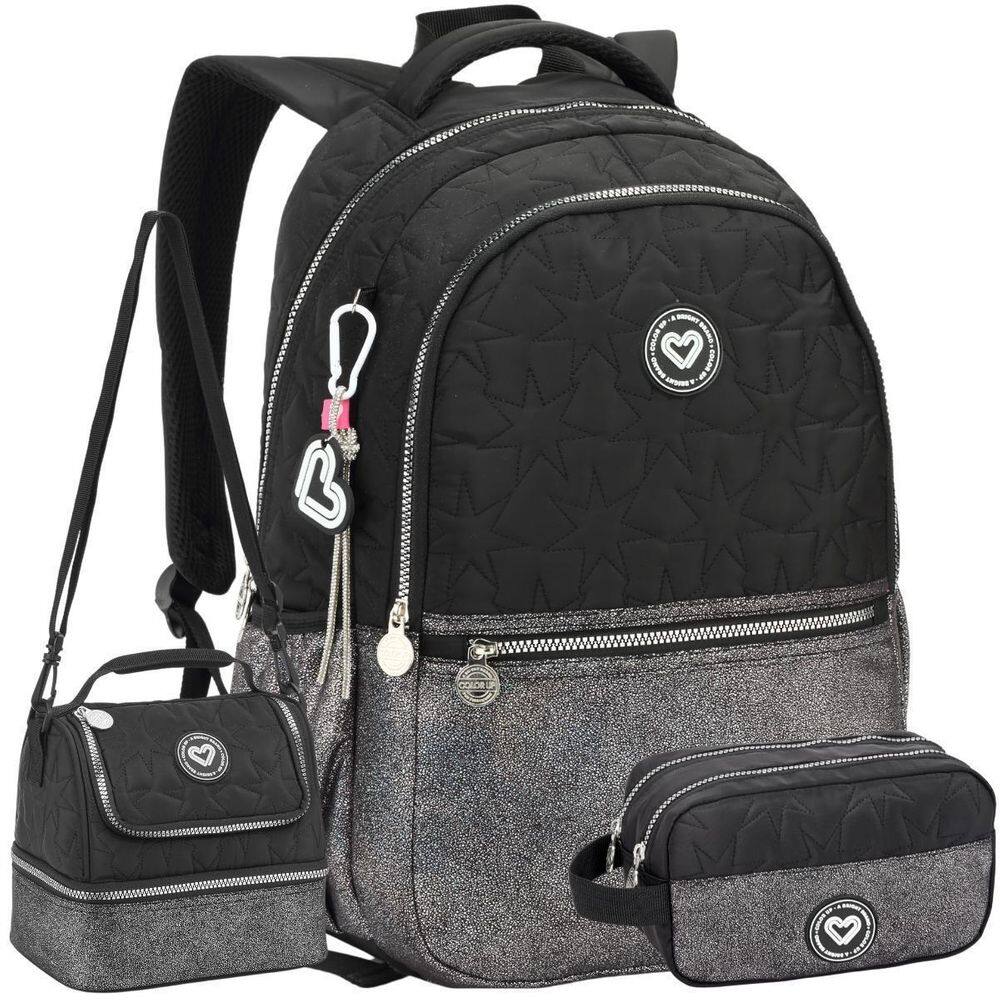 Kit Mochila Costas Feminina Color Up Lancheira Estojo Preto