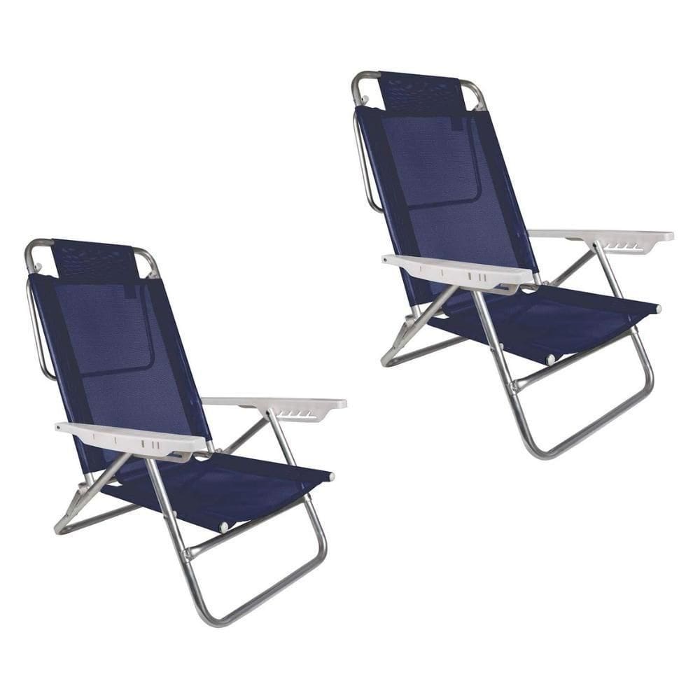 Kit 2 Cadeira Alumínio Reclinável 6 Posições Praia Mor Azul
