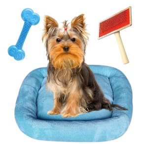 Kit Cama Pet Luxo 40x40 Com Osso Massageador E Rasqueadeira Azul Claro