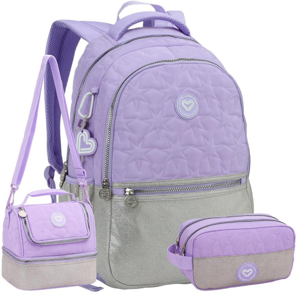Kit Mochila Costas Feminina Color Up Lancheira Estojo Lilás