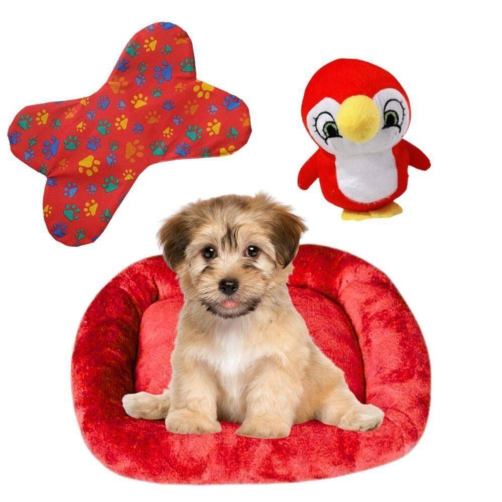 Kit Caminha Pet Bigata M Luxo Fofa Com Comedouro E Pelucia Vermelho