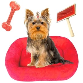 Kit Cama Pet Luxo 40x40 Com Osso Massageador E Rasqueadeira Vermelho