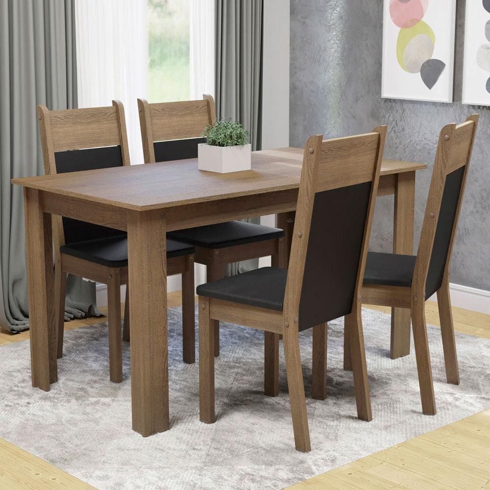 Conjunto Sala de Jantar Madesa Cali Mesa Tampo de Madeira com 4 Cadeiras - Rustic/Preto/Sint Preto XV