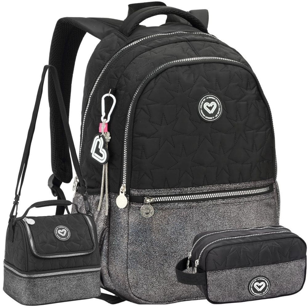 Kit Mochila Costas Feminina Color Up Lancheira Estojo Preto