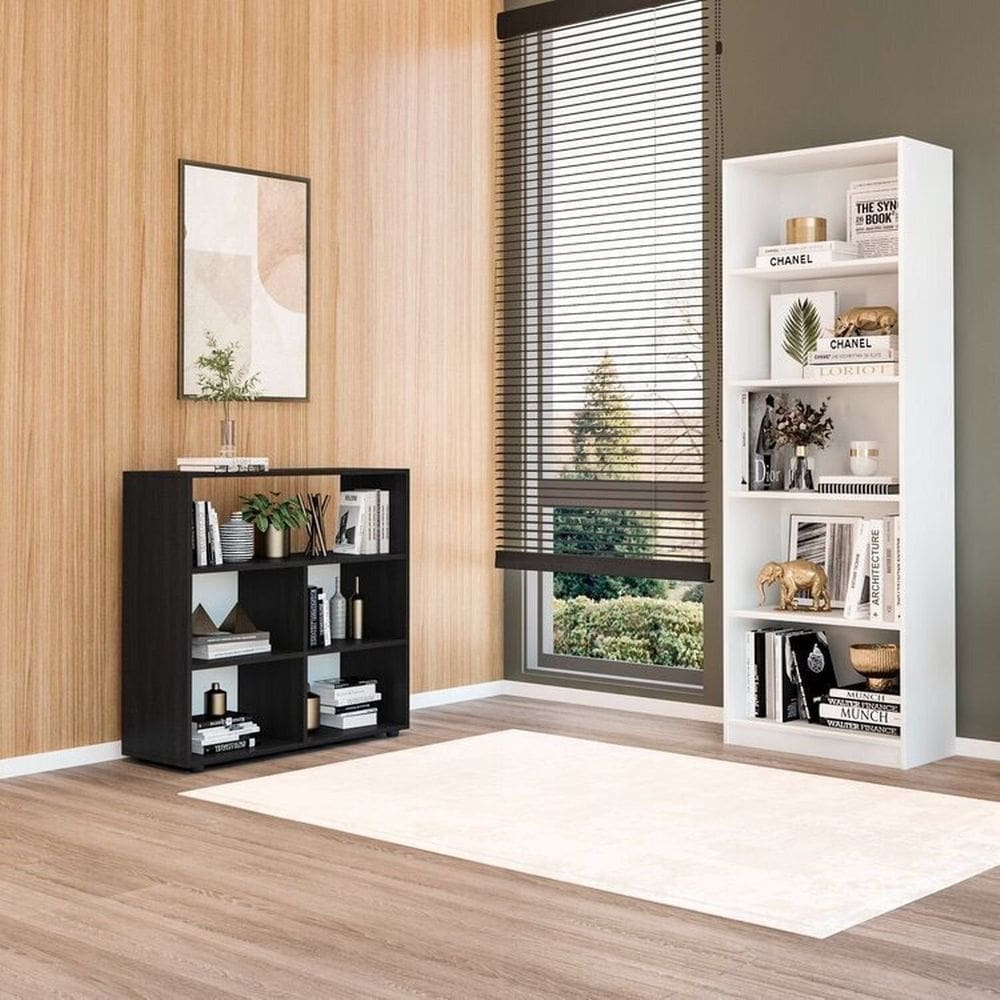 Kit com 1 Estante Livreiro 5 Nichos Montreal e 1 Estante Multiuso 5 Nichos Cairo Branco/Preto