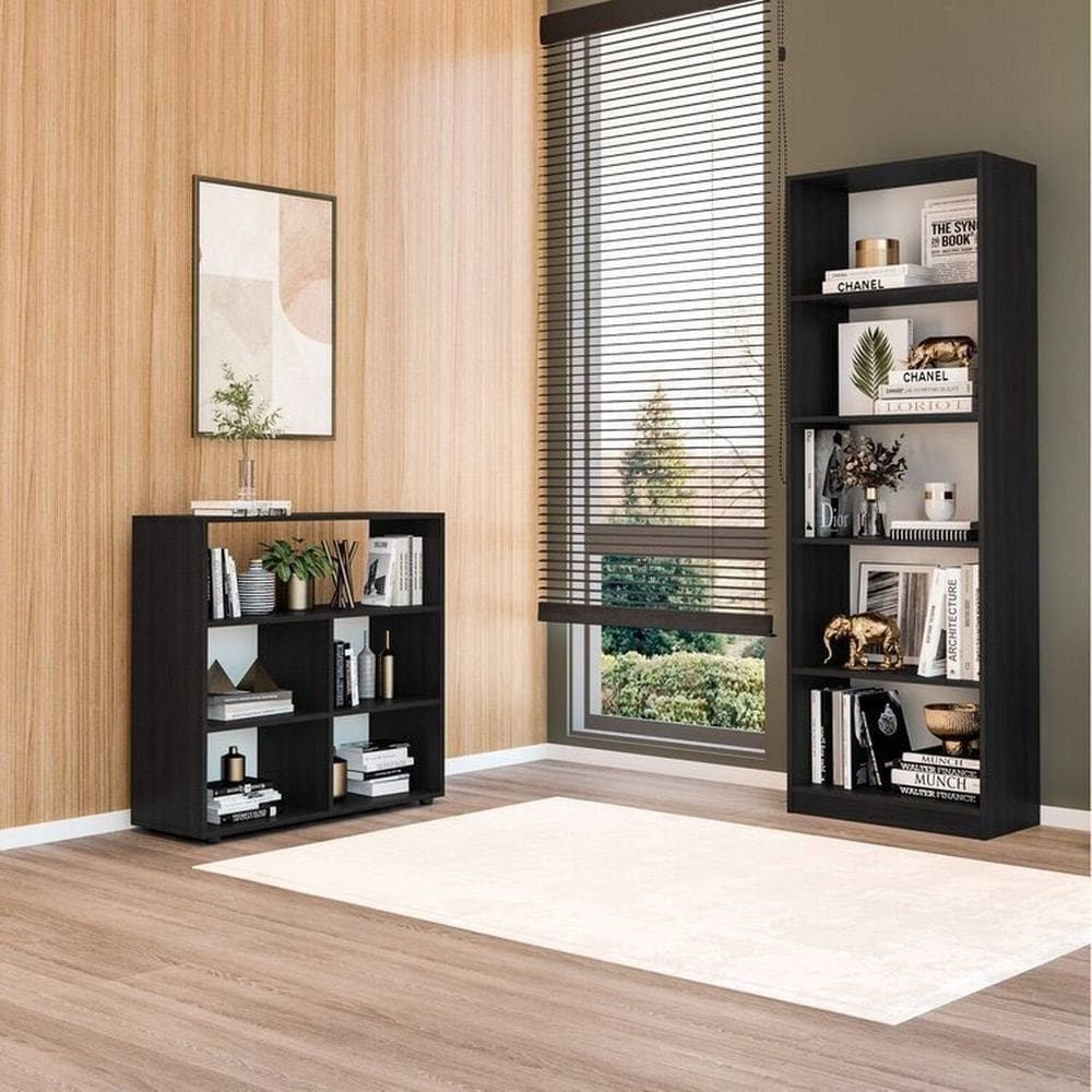Kit com 1 Estante Livreiro 5 Nichos Montreal e 1 Estante Multiuso 5 Nichos Cairo Preto