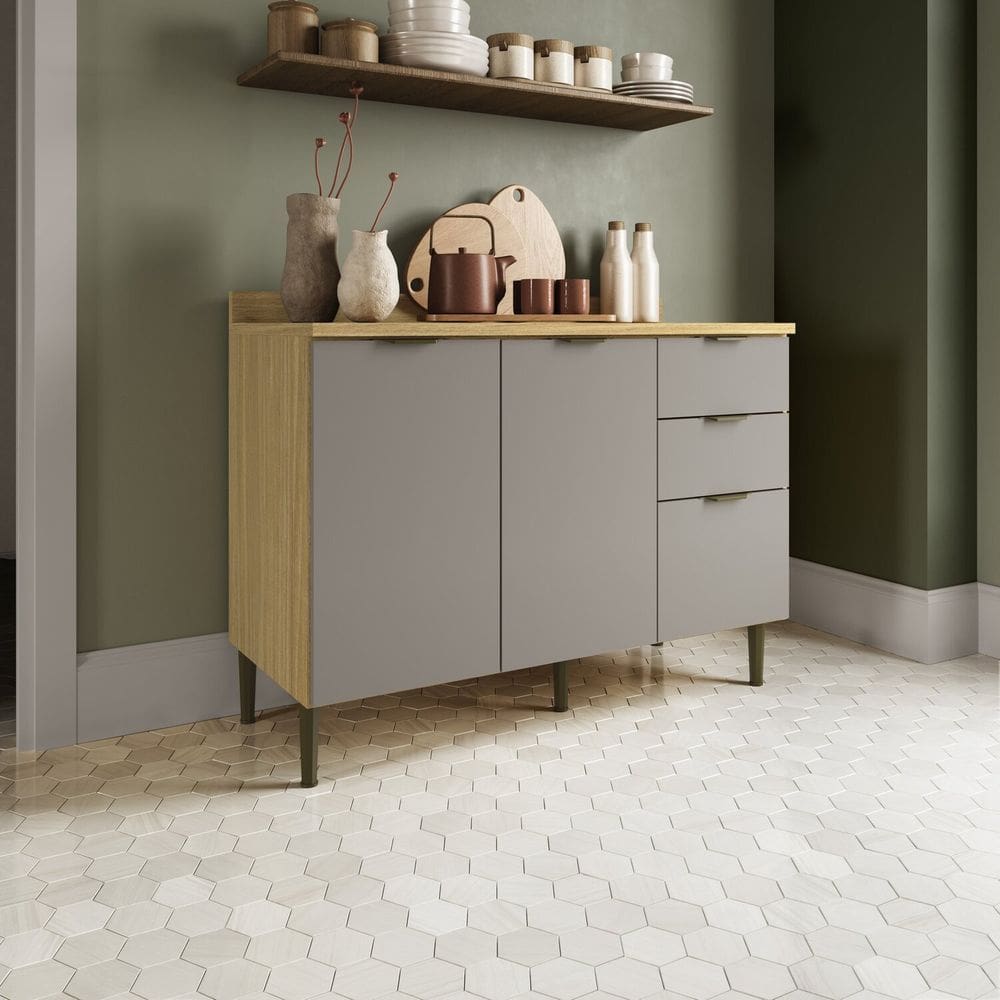 Cozinha Modulada 3 Portas 2 Gavetas Balcão com Tampo Ibiza Louro Freijó/Cinza