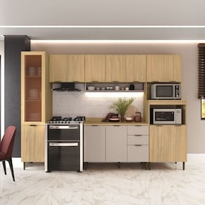 Cozinha Modulada 5 Peças 14 Portas 2 Gavetas Balcão com Tampo Ibiza Louro Freijó/Cinza
