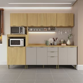 Cozinha Modulada 5 Peças 14 Portas 2 Gavetas 2 Balcões com Tampo Ibiza Louro Freijó/Cinza