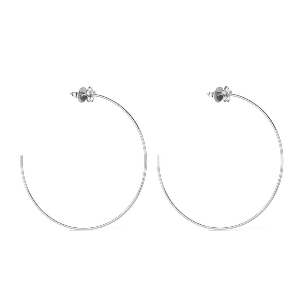 Brinco Prateado Grande De Argola Detalhe De Flor Em Strass