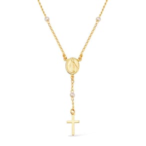 Colar Dourado Religioso Terço Cruz E Pérolas