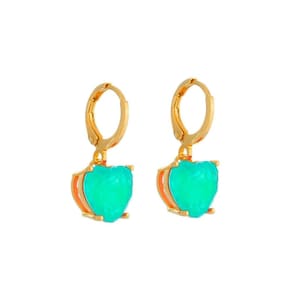 Brinco Dourado Argolinha Pedra De Coração Verde