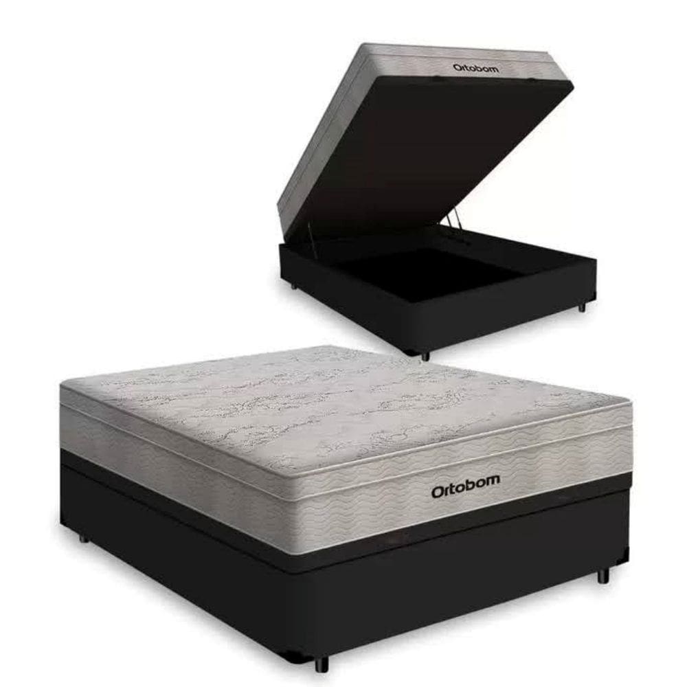 Cama Box com Baú Casal + Colchão De Molas Ensacadas - Ortobom - 138x188x72cm - Preto