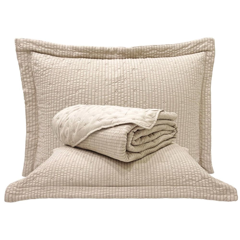 Kit Cobre Leito Colcha Casa Scarpa Anabela Queen Dupla Face Texturizado Percal 300 Fios 3 Peças - Bege