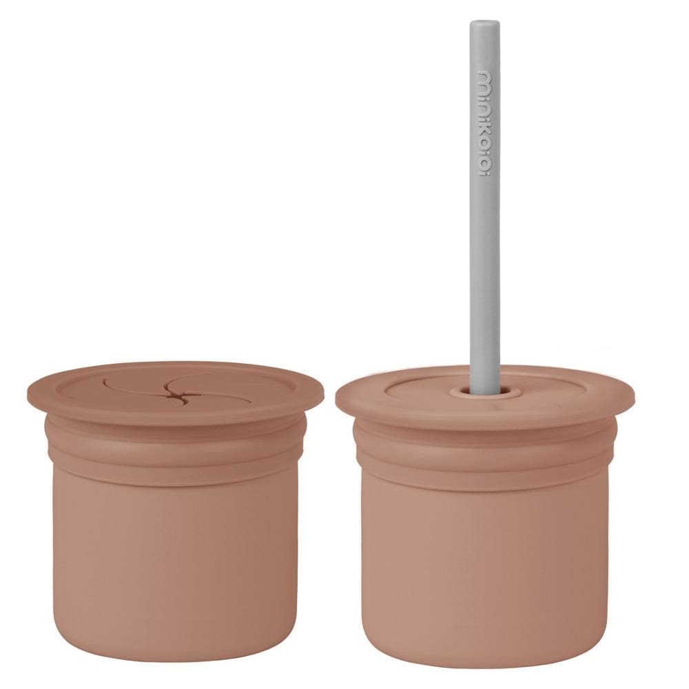 Copo Snack com Canudo Silicone Sip + Snack Brown e Grey - Minikoioi
