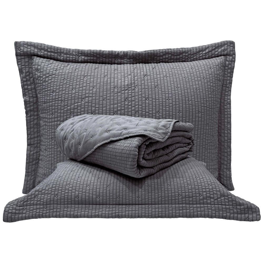 Kit Cobre Leito Colcha Casa Scarpa Anabela Queen Dupla Face Texturizado Percal 300 Fios 3 Peças - Cinza