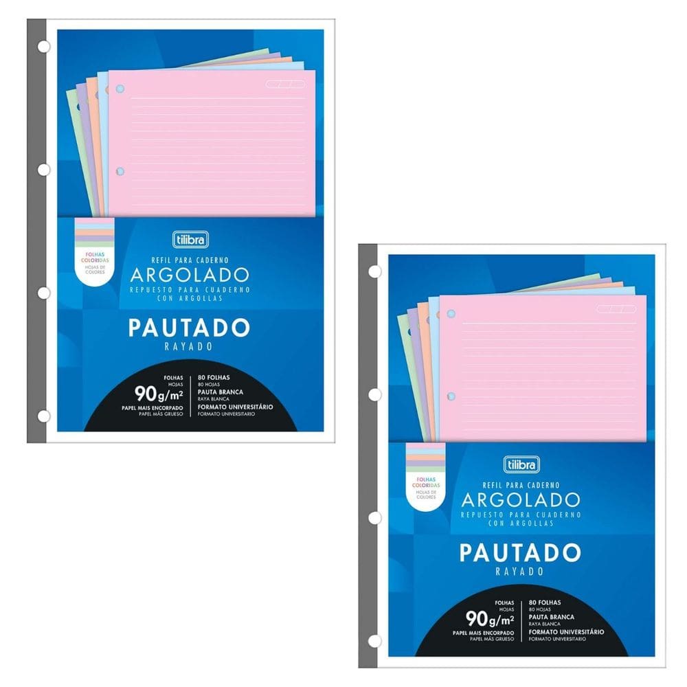 Kit 02 Refil Caderno Argolado Fichário Tiliflex Universitário (Colorido) 80 Folhas 90g/m² Tilibra