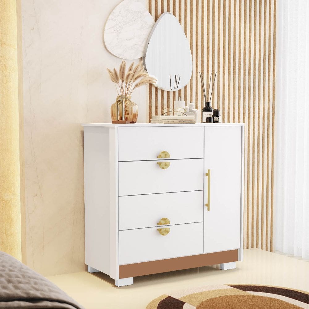 Cômoda Sapateira Ilha Bela 4 Gavetas 1 Porta Branco/Camarim - Vila Rica