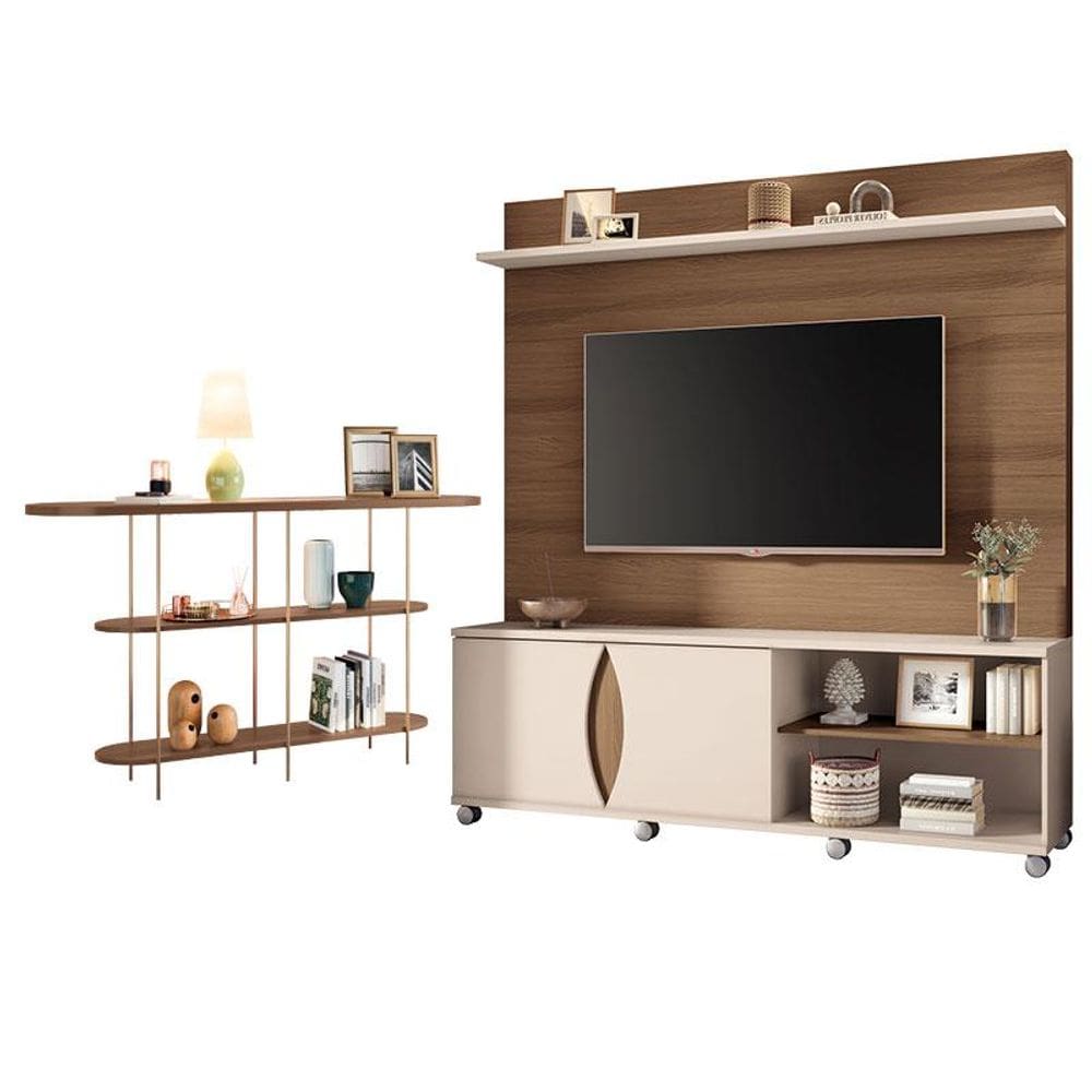 Estante Home Theater Luxor Castanho Off White e Aparador Infinity Castanho- HB Móveis
