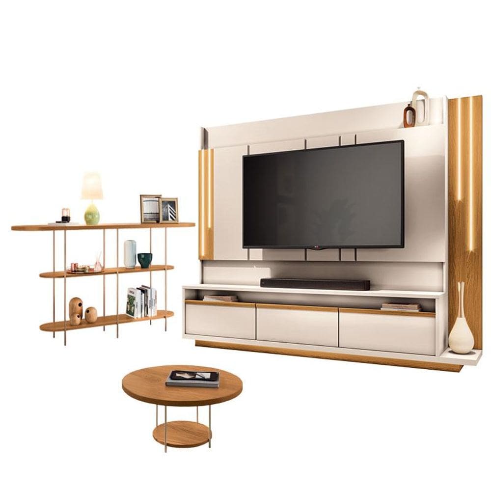 Estante Home Theater Montane Off White Cinamomo e Aparador Infinity e mesa de Centro Sky Cinamomo - HB Móveis
