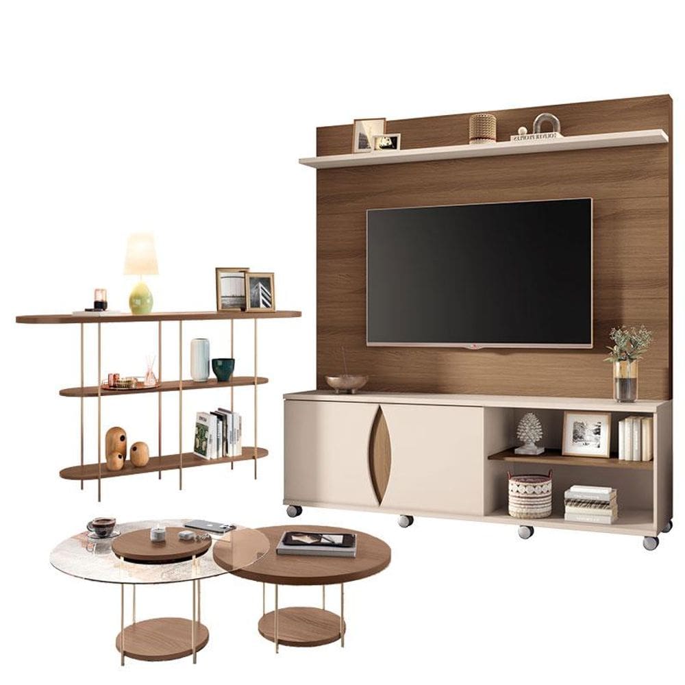 Estante Home Theater Luxor Castanho Off White e Aparador Infinity e Kit Mesa de Centro sky Castanho- HB Móveis