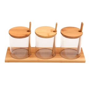 Potes de Vidro Porta Condimentos e Temperos Com Tampa e Colheres de Bambu 3 Unidades + Base