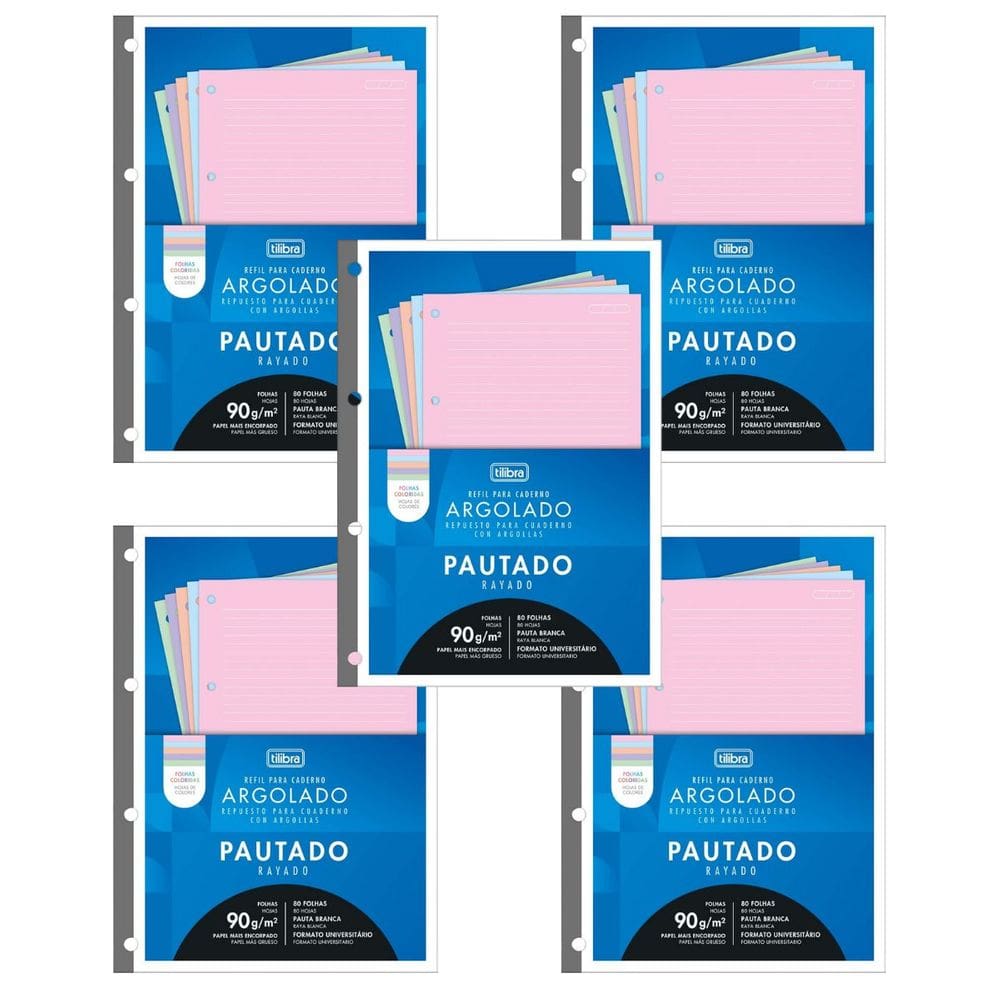 Kit 05 Refil Caderno Argolado Fichário Tiliflex Universitário (Colorido) 80 Folhas 90g/m² Tilibra