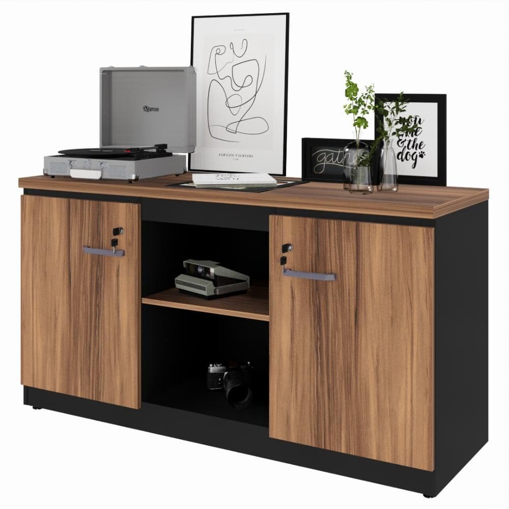 Armário para Escritório Baixo 2 Portas com Chave 3 Prateleiras Yaris YAR1373 Office Marrom/Preto
