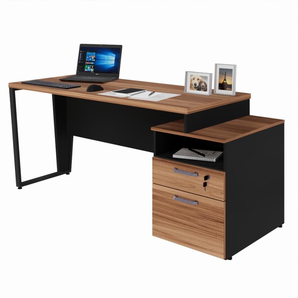 Mesa para Escritório 2 Gavetas com Chave Yaris YAR1566 Office 150x65cm Marrom/Preto